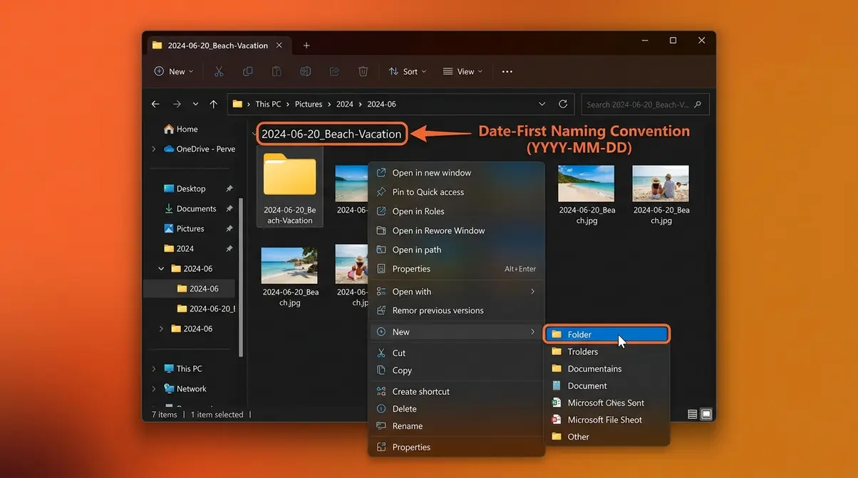 Windows File Explorer showing Year Month Event folder structure with right-click New Folder menu for photo organization