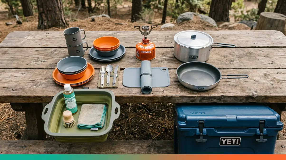 Camp kitchen gear and food safety setup including stove, cookware, cooler, and utensils