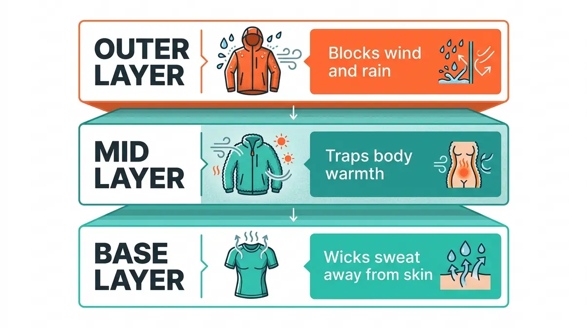 Camping clothing layering system for beginners showing base, mid, and outer layers