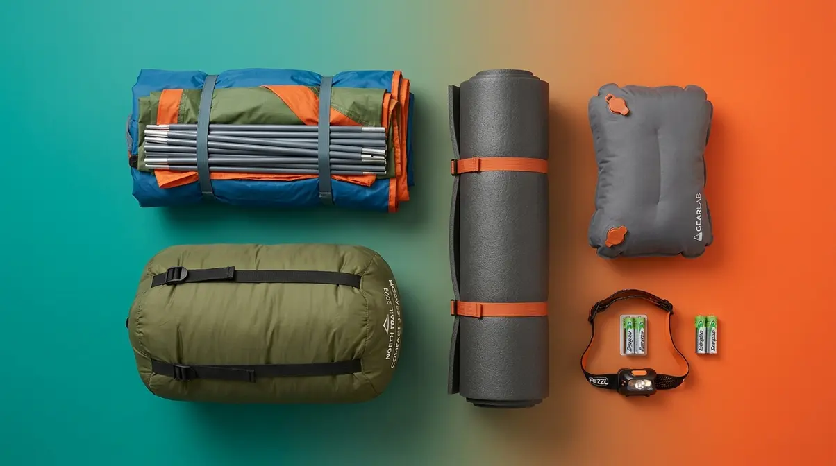 Camping shelter and sleep gear including tent, sleeping bag, pad, and headlamp laid out flat