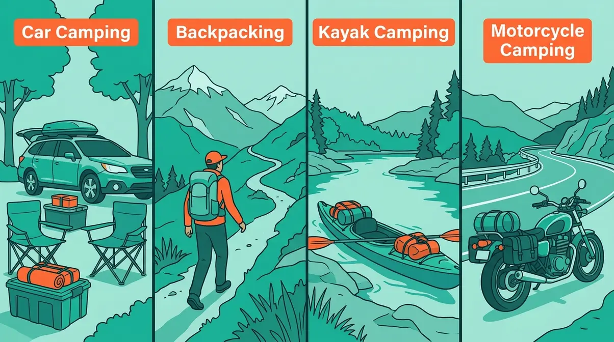 Four camping styles comparison showing car camping, backpacking, kayak, and motorcycle setups