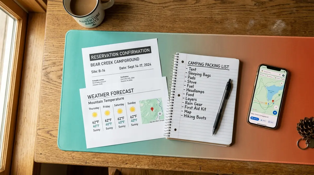 Camping trip planning checklist with weather forecast, reservation, and packing notes on desk