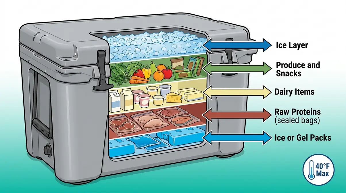 How to pack a cooler for camping with food safety layering diagram
