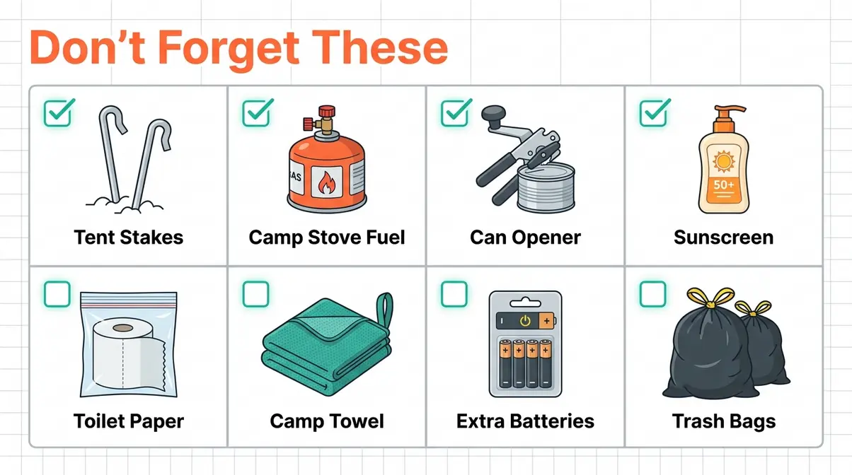 Most forgotten items when camping checklist for beginners including tent stakes and fuel