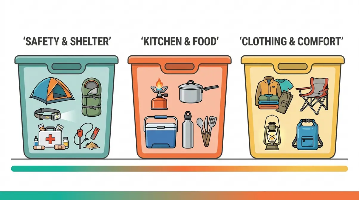 How to pack for a camping trip using the Three-Bin Method system with three labeled bins