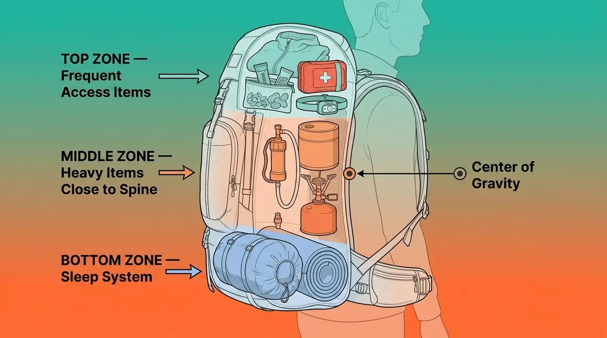 Backpack packing zones diagram showing bottom sleep zone, middle heavy zone, and top access zone