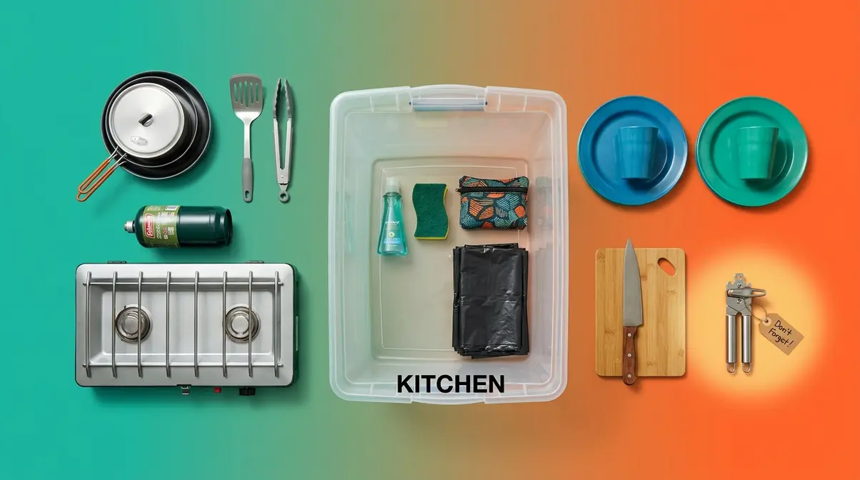 Camp Kitchen Bin flat-lay showing stove, cookware, utensils, can opener, and spice kit organized for camping