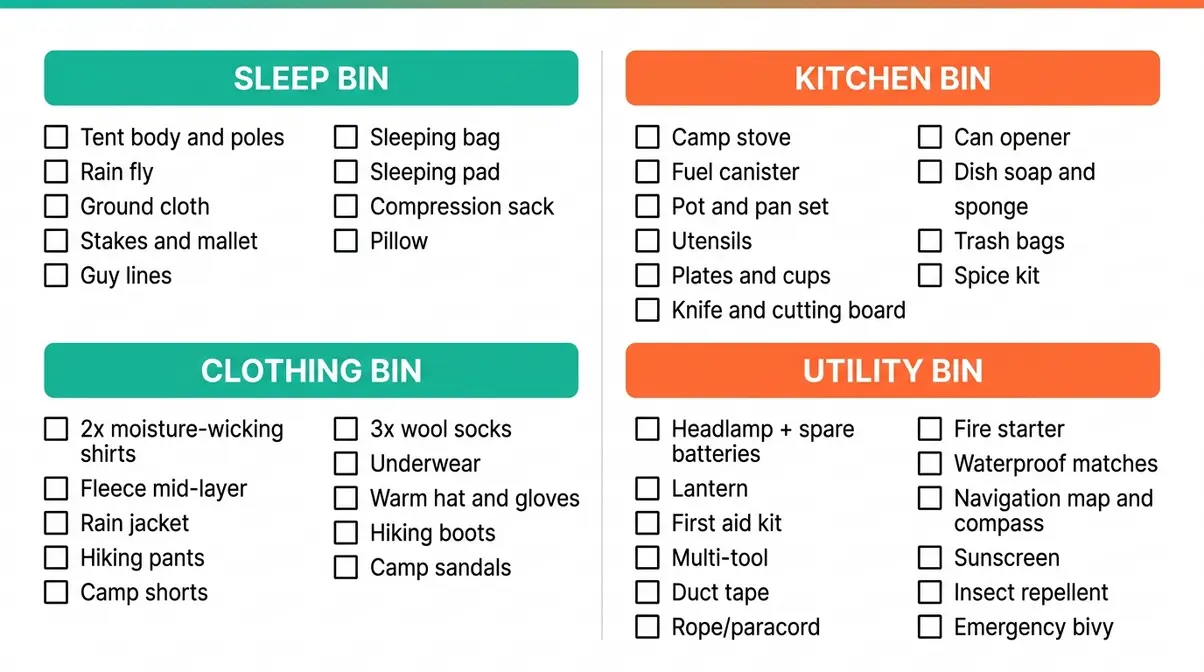 Printable camping packing checklist infographic with four Clear Bin System sections and checkboxes for beginners