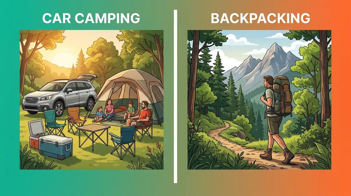 Side-by-side comparison of car camping with SUV and bins versus backpacking with hiking pack on trail
