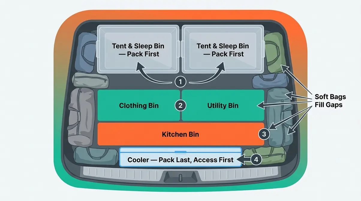 Top-down car packing diagram for camping showing bin load order and cooler placement using Tetris method