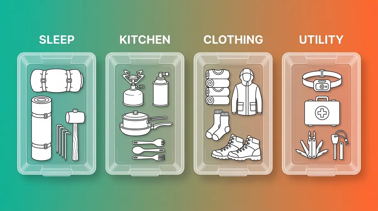 Clear Bin System diagram showing four labeled camping bins — Sleep, Kitchen, Clothing, and Utility