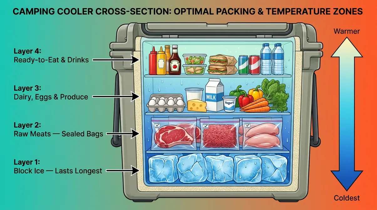 Cooler cross-section diagram showing camping food safety packing layers from block ice to ready-to-eat items
