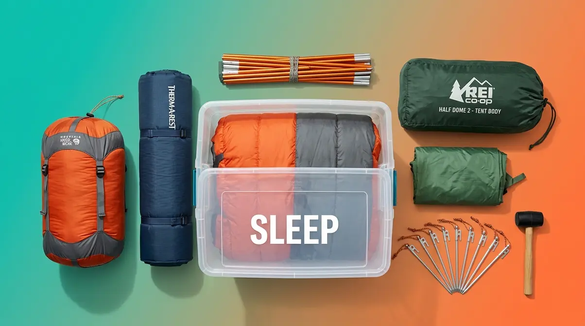 Sleep Bin camping gear flat-lay showing tent, sleeping bag, sleeping pad, stakes, and mallet organized together
