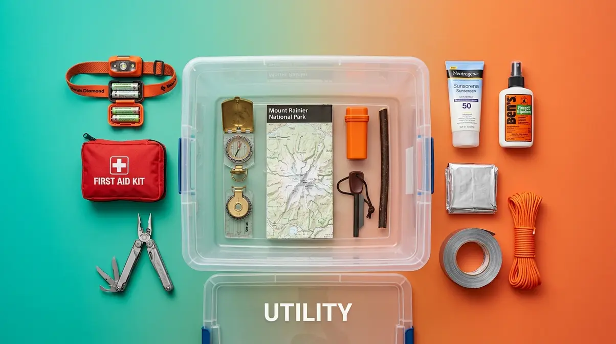 Utility Bin safety gear flat-lay showing the 10 Essentials including headlamp, first aid kit, compass, and fire starter