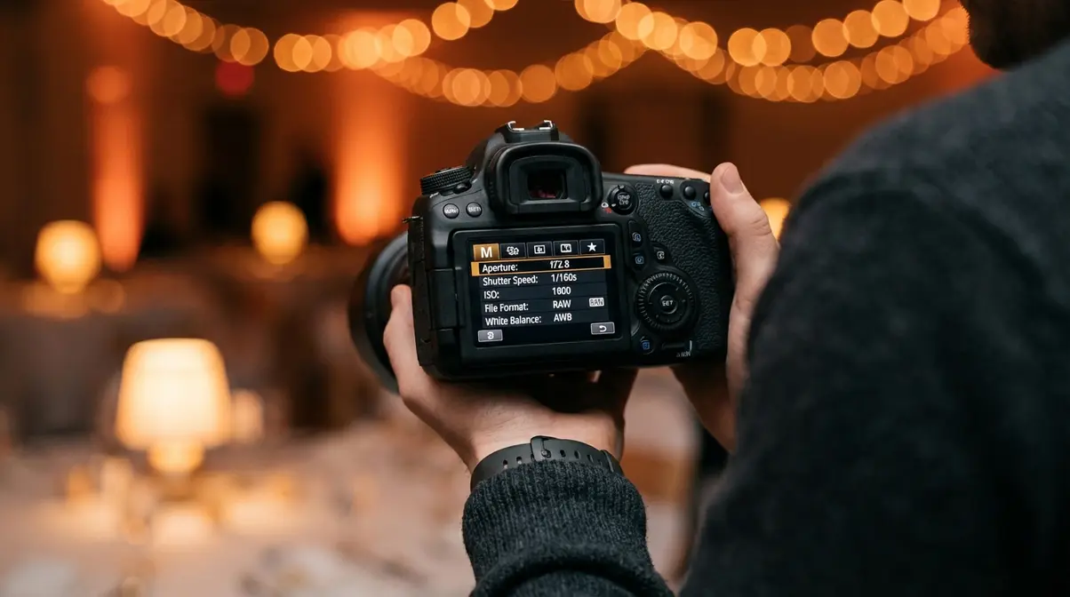 Camera rear LCD screen showing event photography settings with aperture f2.8, shutter speed 1/160s, and ISO 1600 in RAW mode