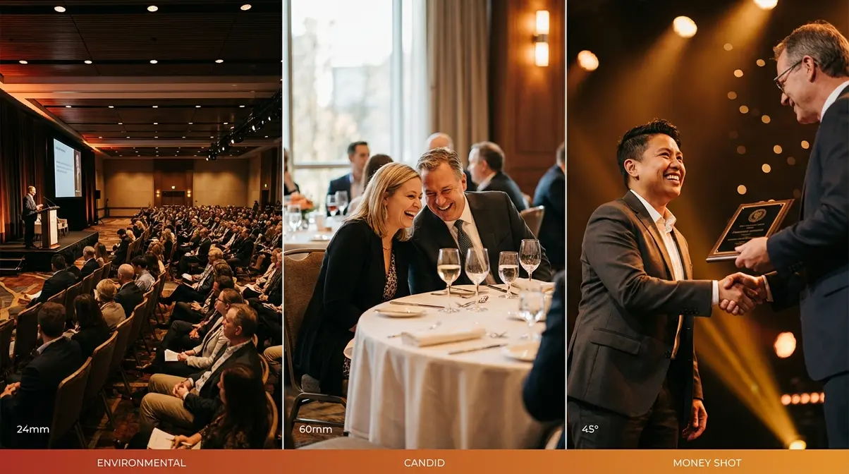 Three essential event photography shot types shown as environmental wide shot, candid portrait, and key money shot moment