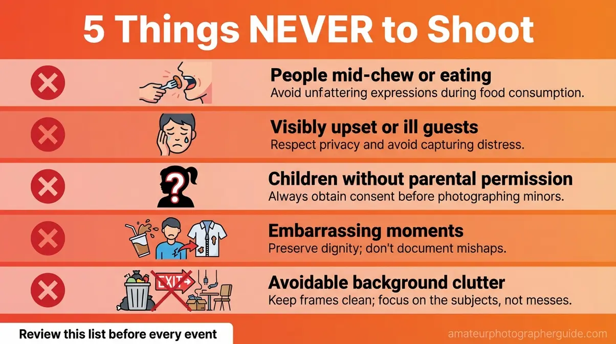 Beginner event photography do's and don'ts infographic listing five things never to photograph including people eating and background clutter