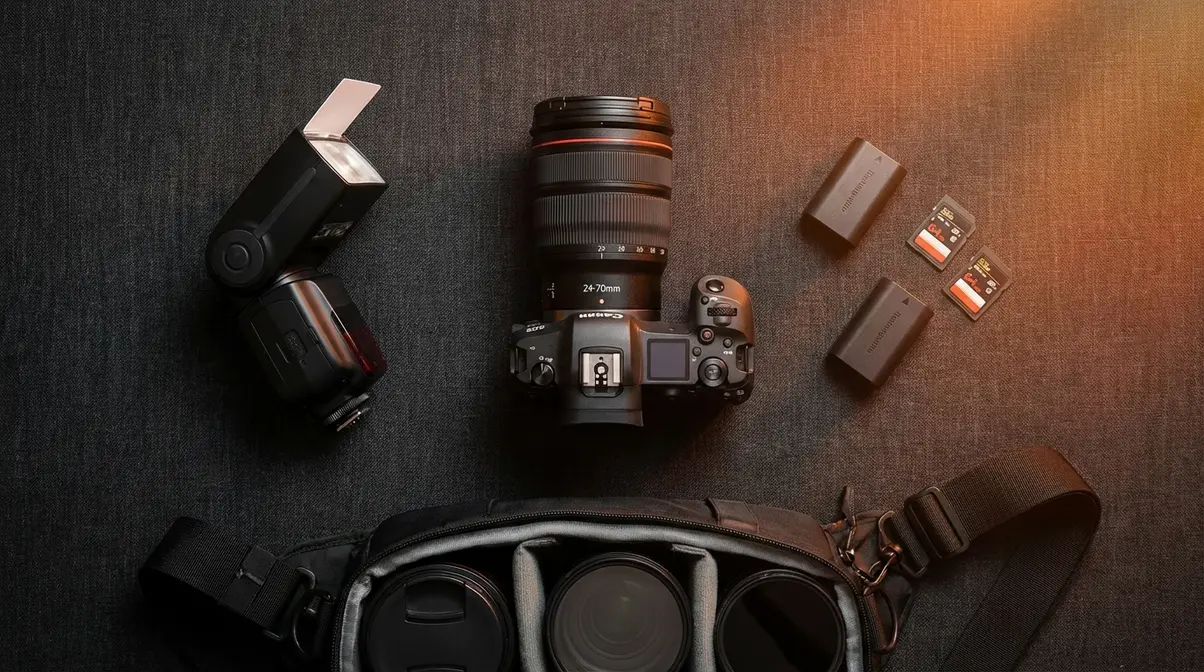 Flat-lay of essential event photography gear including DSLR camera, 24-70mm lens, external flash, and spare batteries