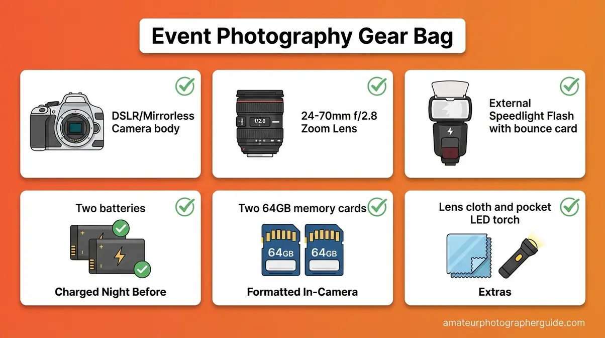 Event photography gear bag checklist infographic for beginners covering lenses, flash, batteries, and memory cards