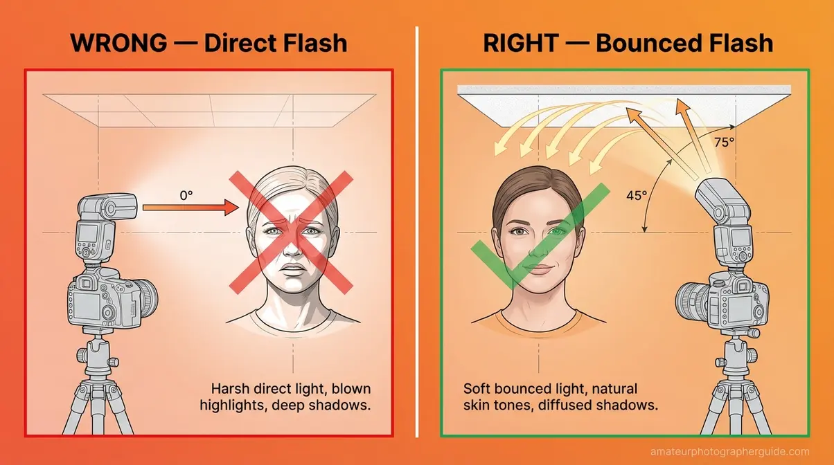 Diagram comparing correct 45-degree bounced flash angle versus incorrect direct flash for indoor event photography