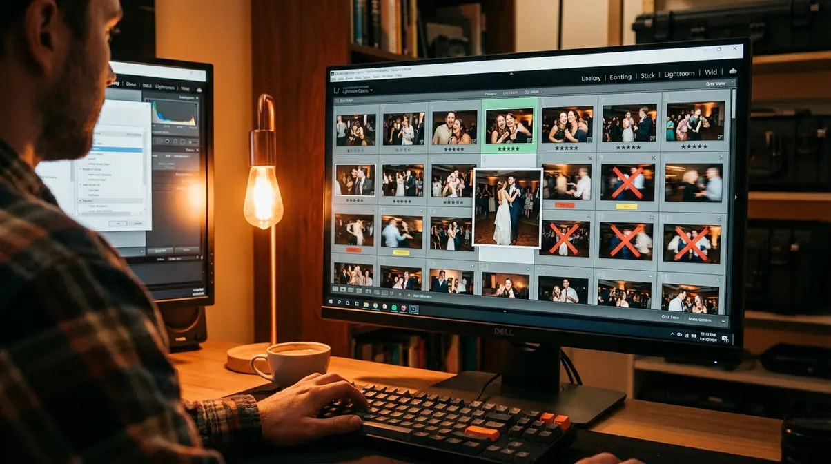 Photographer culling and editing event photos in Adobe Lightroom using star ratings and reject flags in grid view