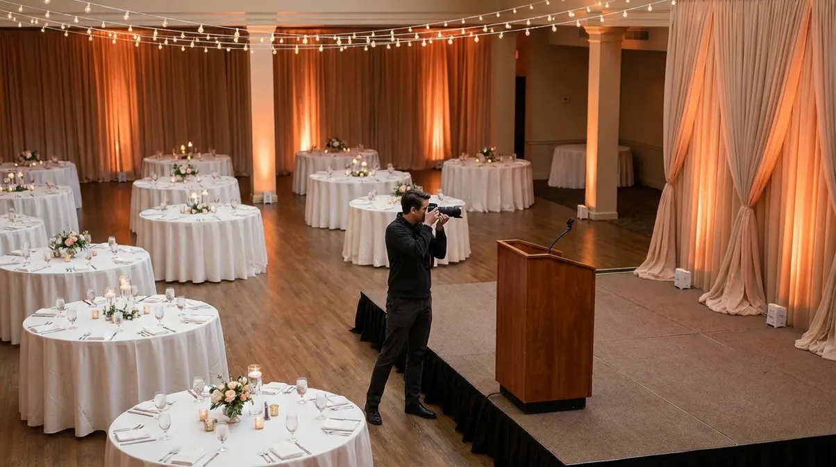 Event photographer in dark clothing scouting an empty softly lit venue before guests arrive for the event