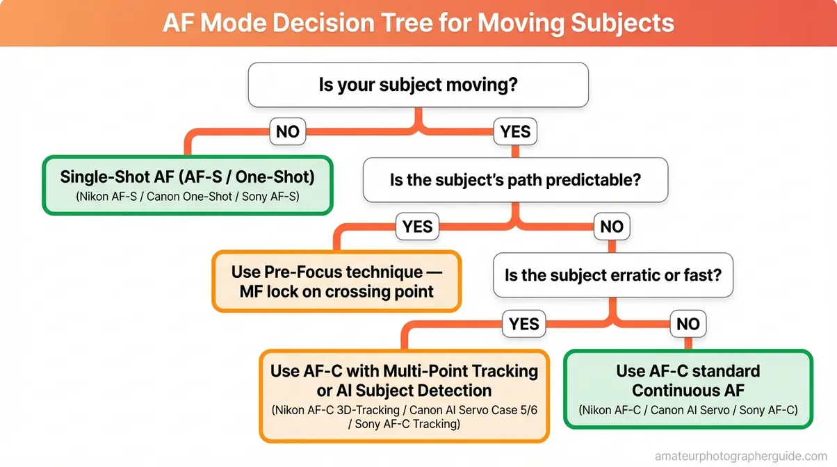 Decision tree flowchart for choosing the correct autofocus mode when photographing moving objects with a DSLR or mirrorless camera