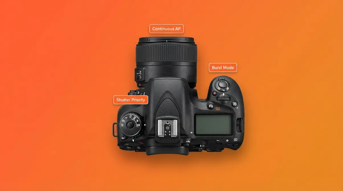 DSLR camera showing shutter priority mode dial, burst drive mode, and continuous AF settings for motion photography