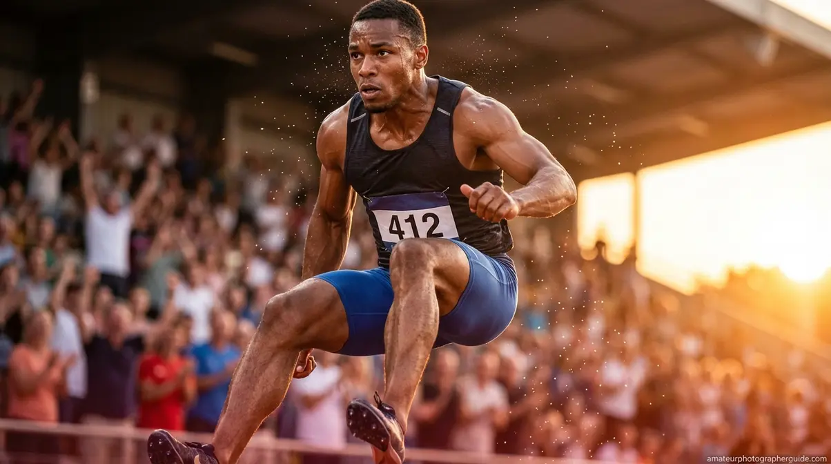 Running athlete frozen perfectly sharp in mid-stride demonstrating correct shutter speed for motion photography