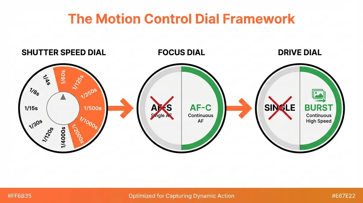 Three-dial framework diagram showing shutter speed, focus mode, and drive mode settings for photographing moving objects