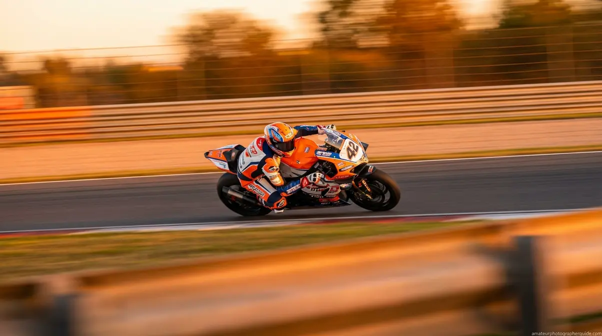 Panning technique example showing sharp motorcycle racer against a creatively blurred streaked background conveying speed