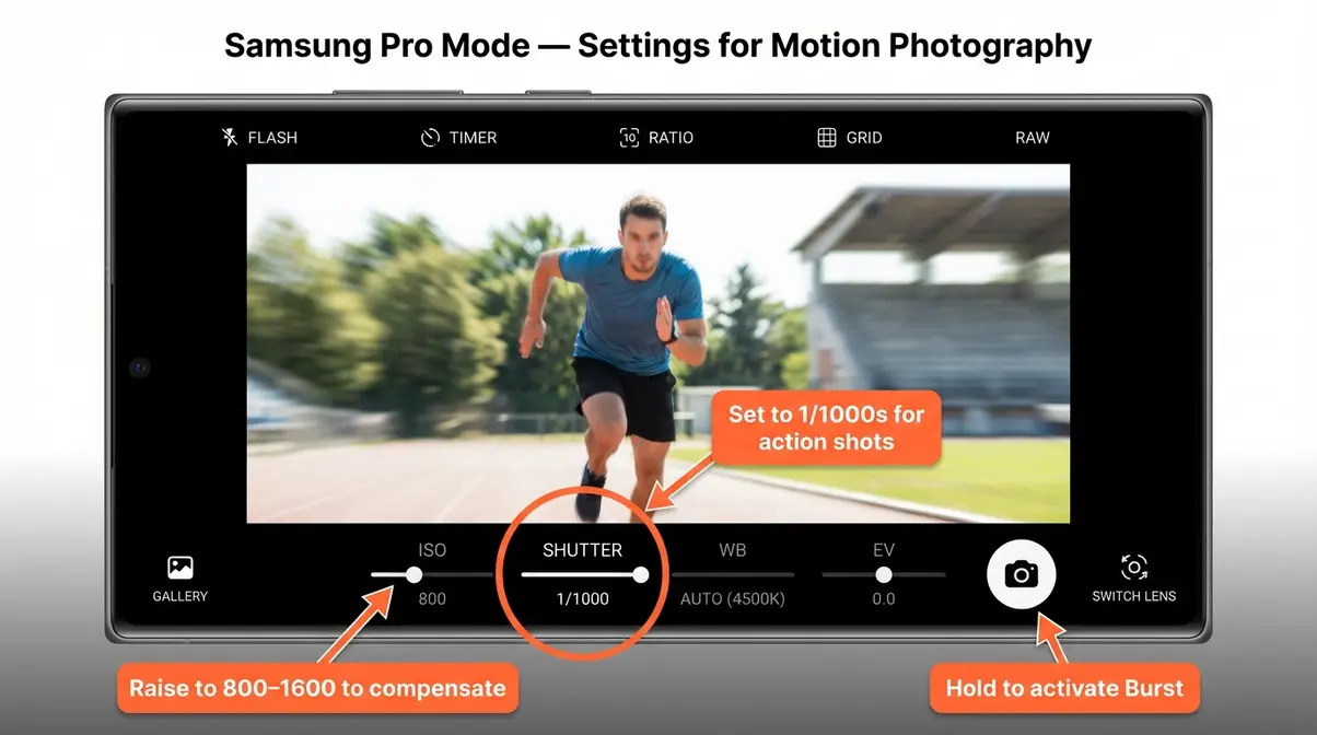 Annotated Samsung Galaxy camera Pro mode interface showing shutter speed set to 1/1000s for photographing moving objects