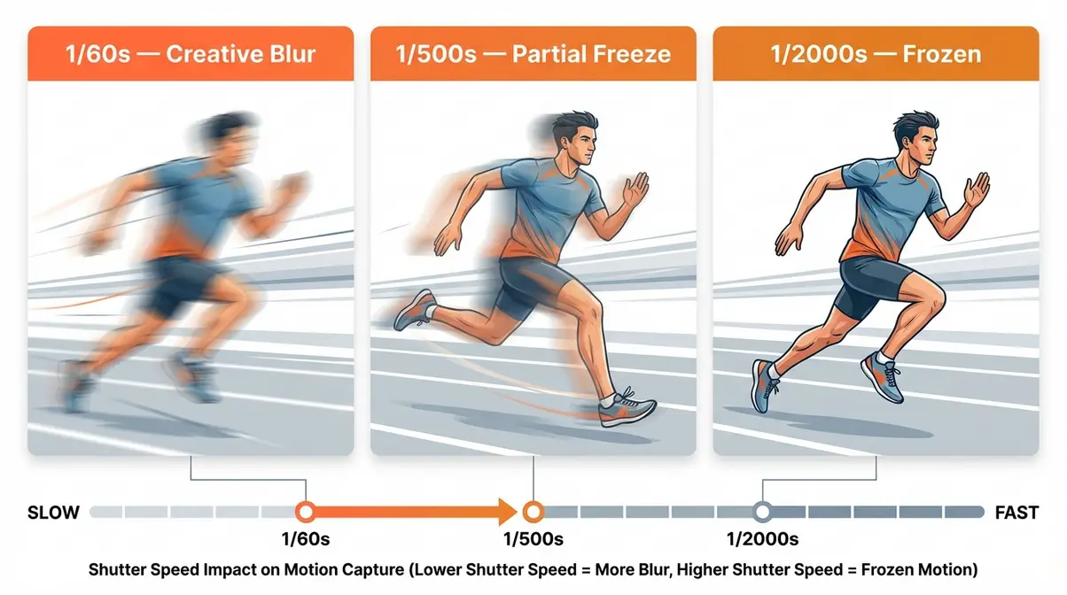 Visual chart comparing motion blur at 1/60s versus 1/500s versus 1/2000s shutter speeds for photographing moving objects