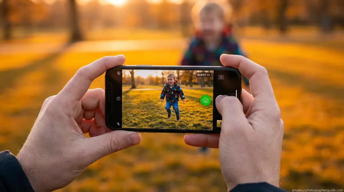 iPhone held horizontally in burst mode capturing a running child in a park for smartphone action photography