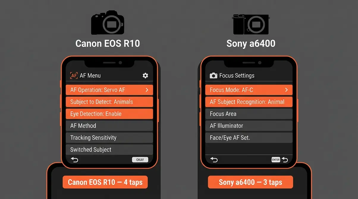 Side-by-side diagram of Canon EOS R10 and Sony a6400 Animal Eye Detection menu paths for wildlife photography
