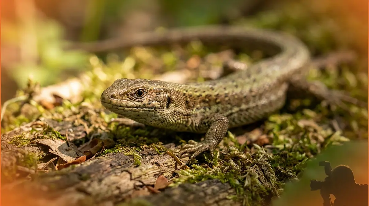 Common lizard photographed at ground level with macro lens showing eye-level wildlife photography technique