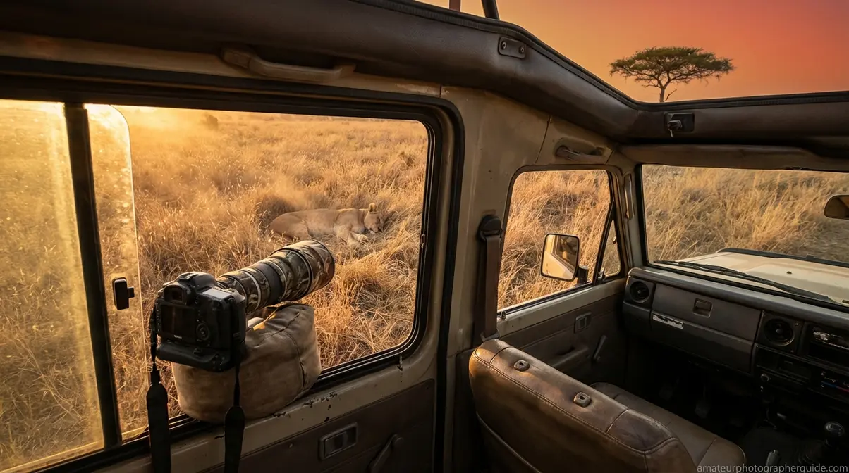 Safari wildlife photography from vehicle window with telephoto lens on beanbag mount near lioness in savanna