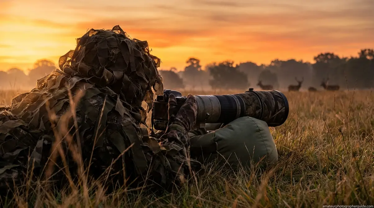 Wildlife photographer lying prone in golden grass at dawn using telephoto lens with ethical fieldcraft approach