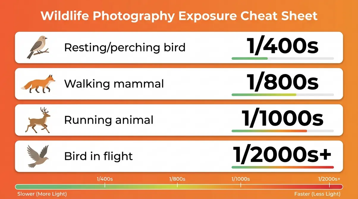 Wildlife photography exposure cheat sheet showing shutter speeds from 1/400s for perching birds to 1/2000s for birds in flight