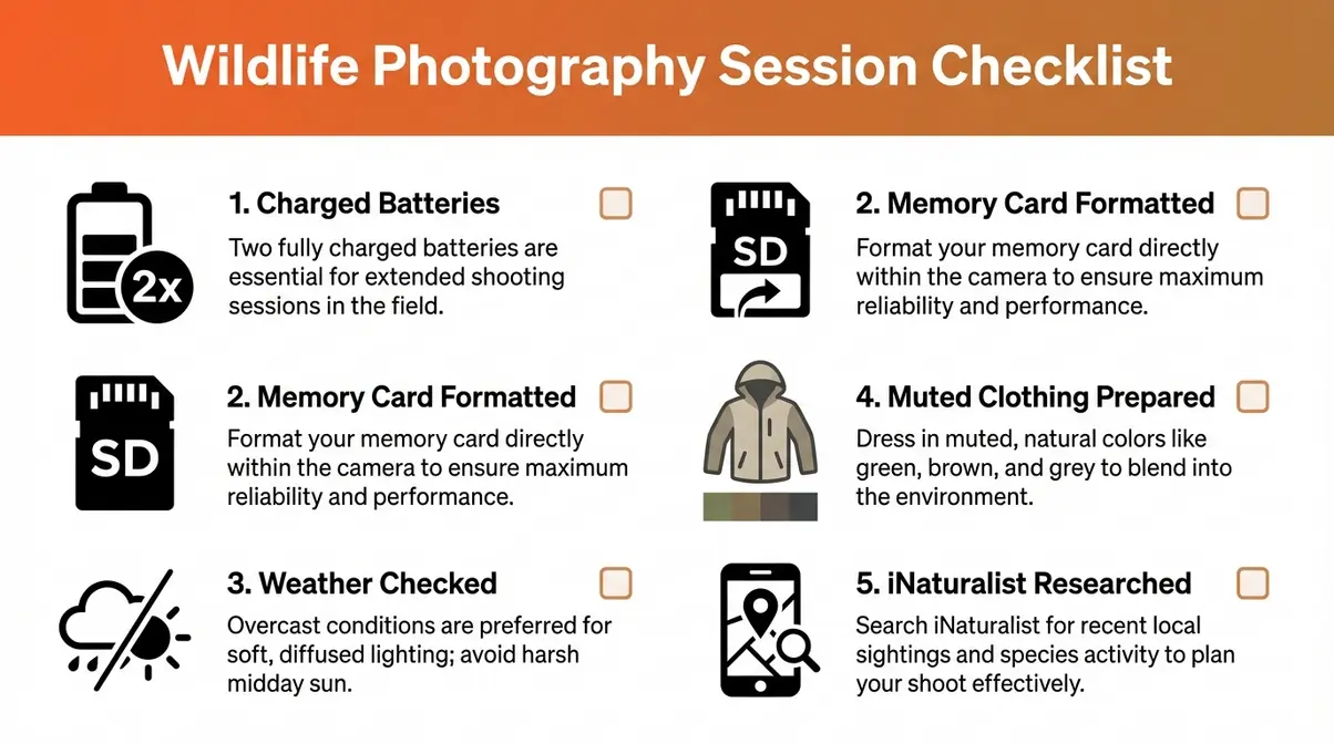 Wildlife photography session checklist infographic showing five essential preparation steps for beginners