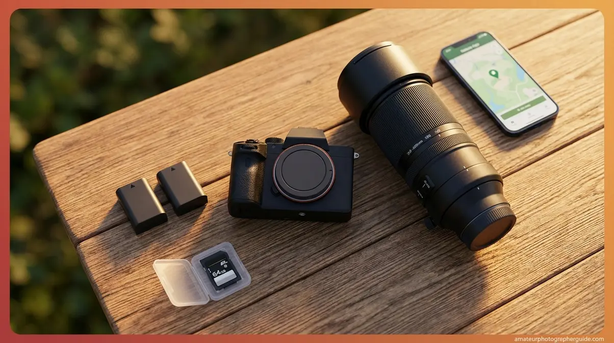 Beginner wildlife photography gear flat-lay showing camera body, telephoto lens, batteries, and memory card