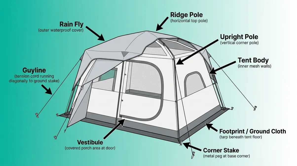 Labeled diagram of a cabin tent showing rain fly, tent body, upright poles, ridge pole, guylines, and footprint