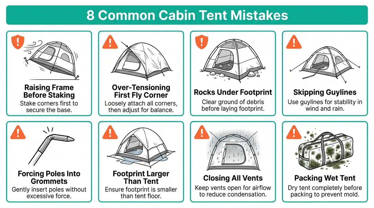 Illustrated guide showing 8 common cabin tent pitching mistakes with visual indicators of what goes wrong