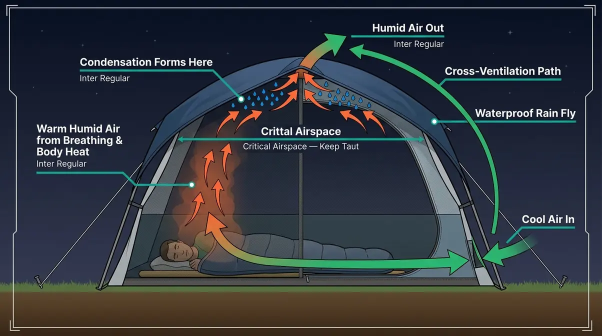 Cross-section diagram showing warm humid air inside a cabin tent condensing on the cooler rain fly surface with ventilation airflow paths