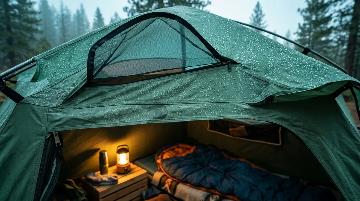 Condensation droplets on cabin tent rain fly interior with mesh vent open at dawn
