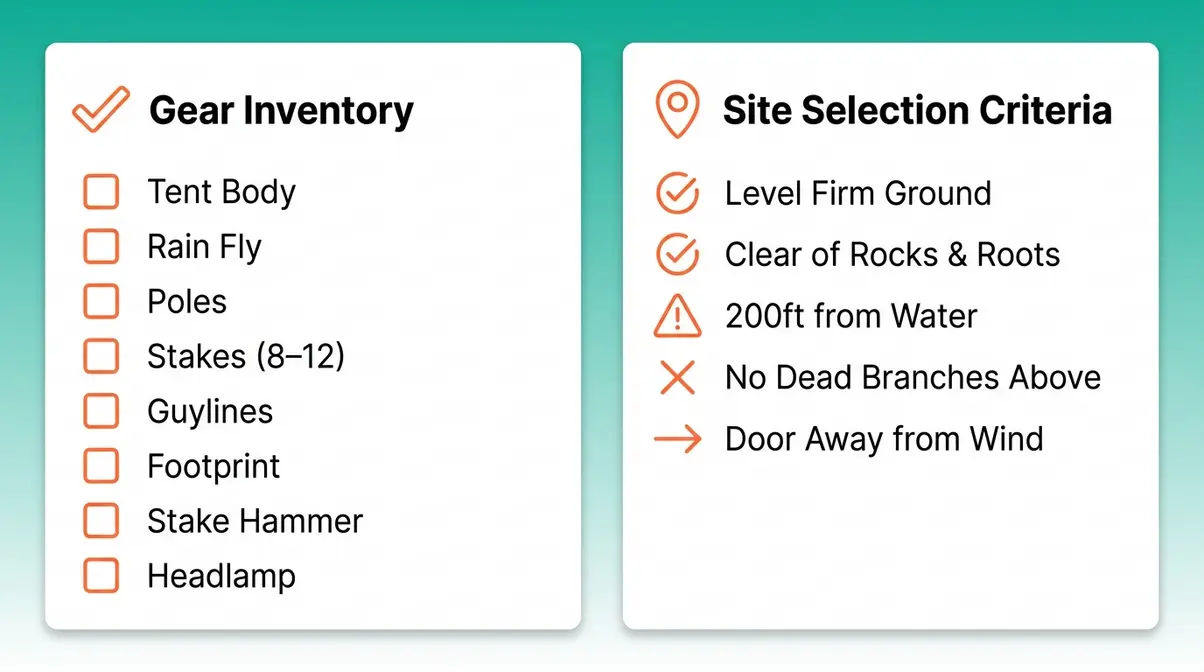 Visual checklist showing cabin tent gear inventory items and campsite selection criteria side by side