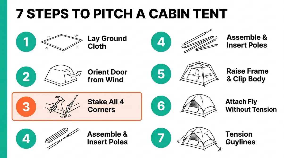 Step-by-step infographic showing how to pitch a cabin tent in 7 numbered stages from ground cloth to final guylines