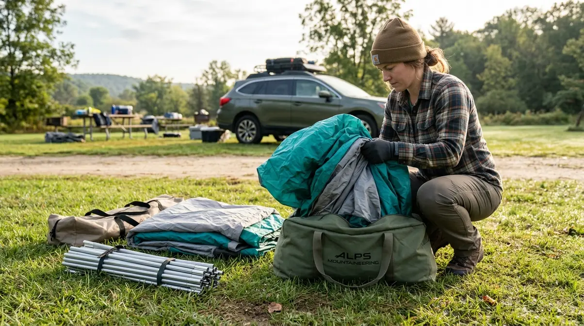 Camper stuffing a cabin tent rain fly into its bag using loose crumple method for fabric longevity