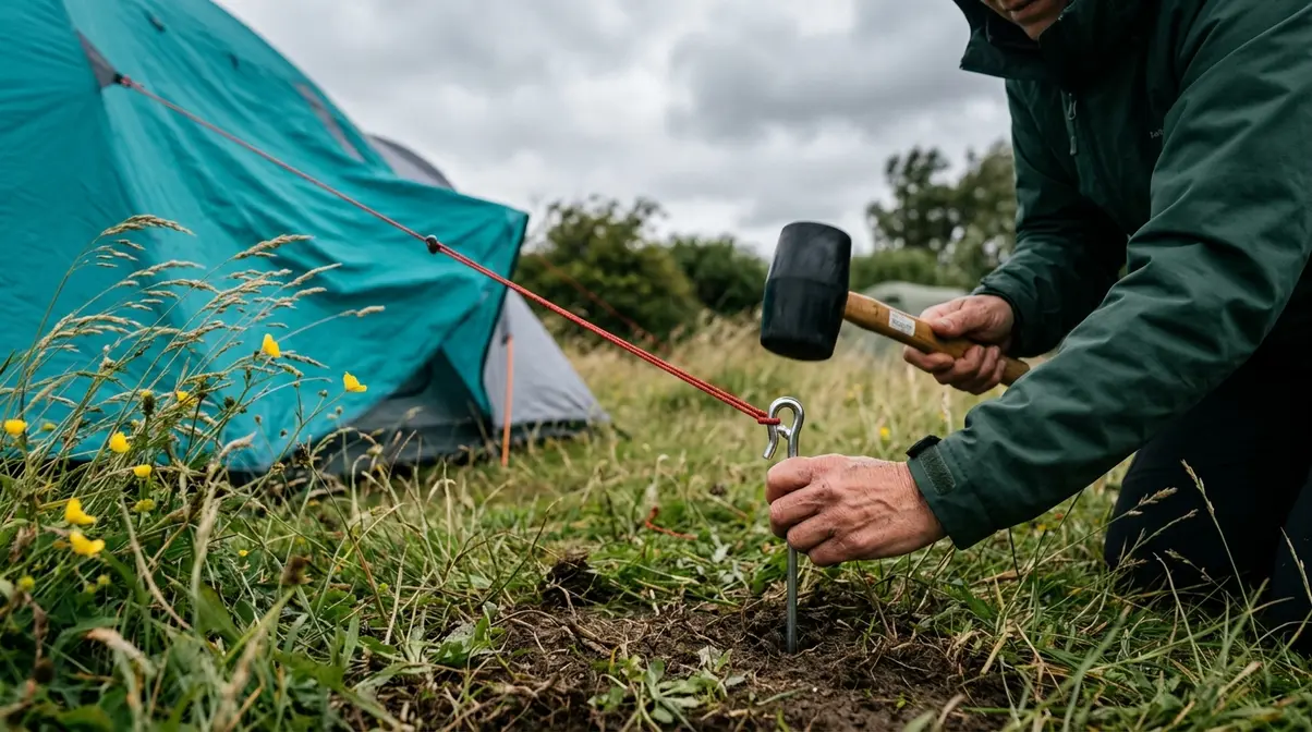 Camper driving a tent stake with rubber mallet to anchor a cabin tent in windy conditions