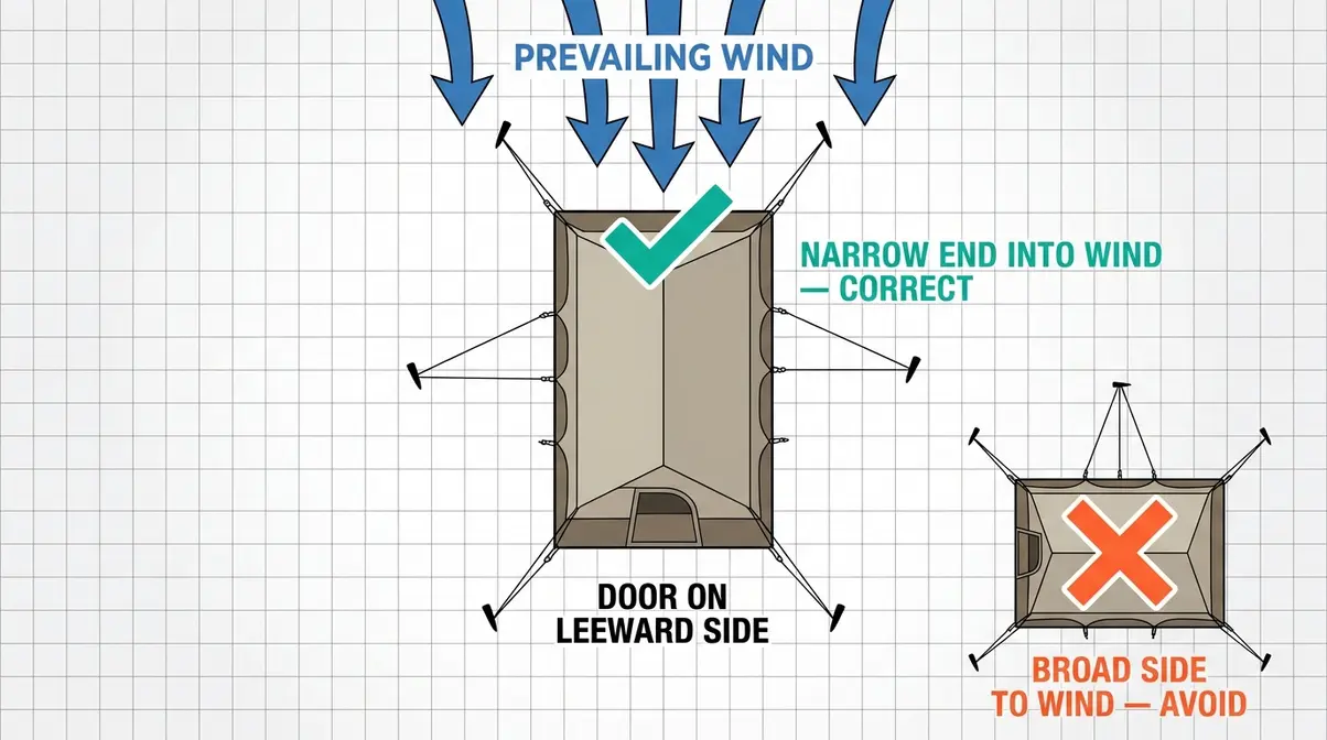 Diagram showing correct cabin tent orientation with narrow end facing wind direction and door on leeward side